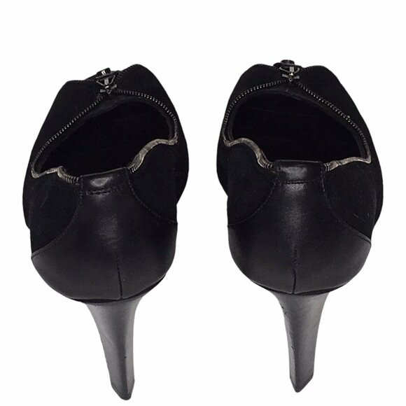 DONALD J PLINER 8M ZEPPEL Black Pump Suede Leather Zipper Trim Peep Toe Heels - Picture 6 of 10